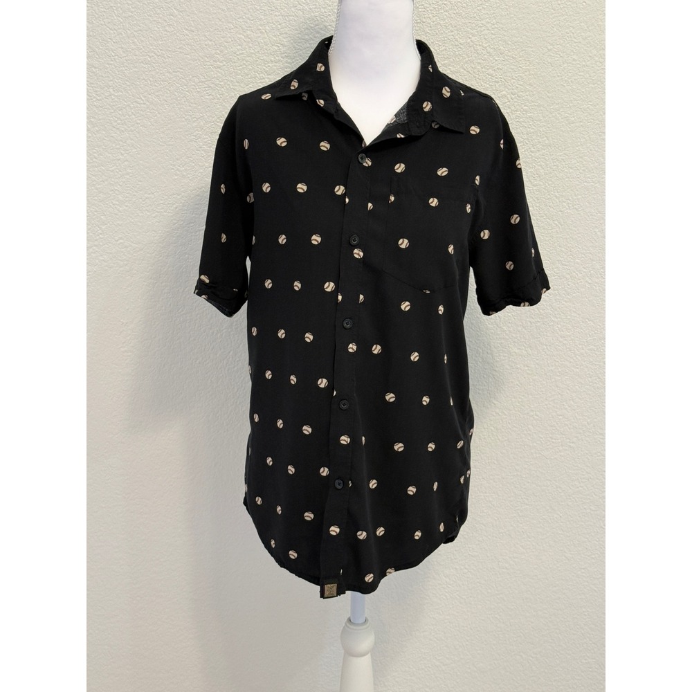 LuLaRoe Mens XS Black Baseball Print Button Down Shirt Short Sleeve Rayon